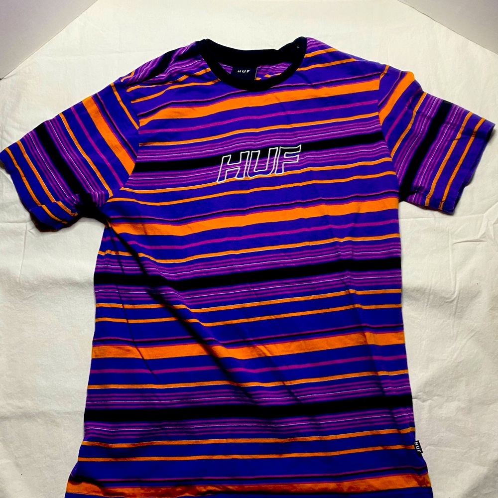HUF Shirt Mens Medium Purple Striped Crew Slim T-Shirt Embroidered Logo Cotton